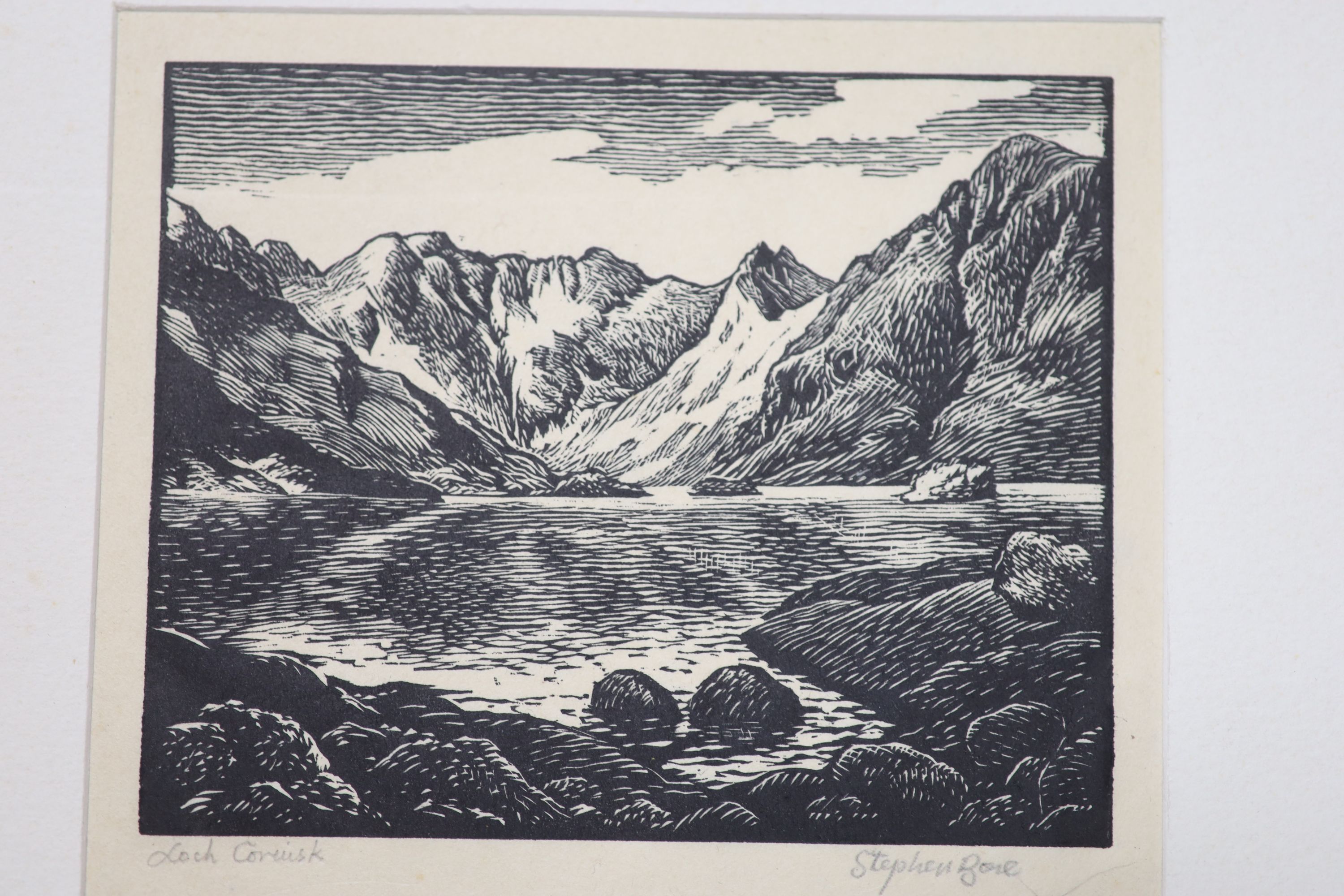 Stephen Bone, N.E.A.C., (1904-1958), two woodcut prints: Priest in confession; and 'Loch Coruisk' Isle of Skye, Scottish Highlands, signed in pencil, 11.5 x 8cm and 10 x 12.5cm, both unframed